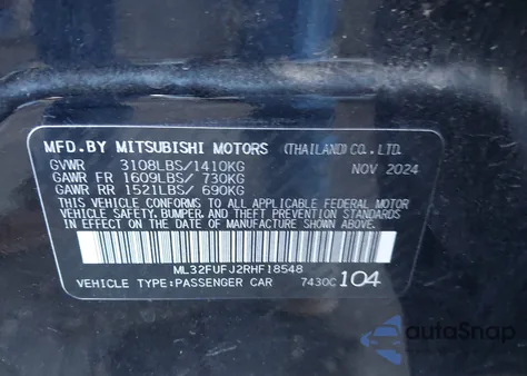 2024 Mitsubishi Mirage G4 Black Edition/Es/Le из США, поврежденный, VIN ML32FUFJ2RHF18548